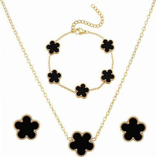 pack boucle d'oreille/bracelet/colliers trèfles dorés